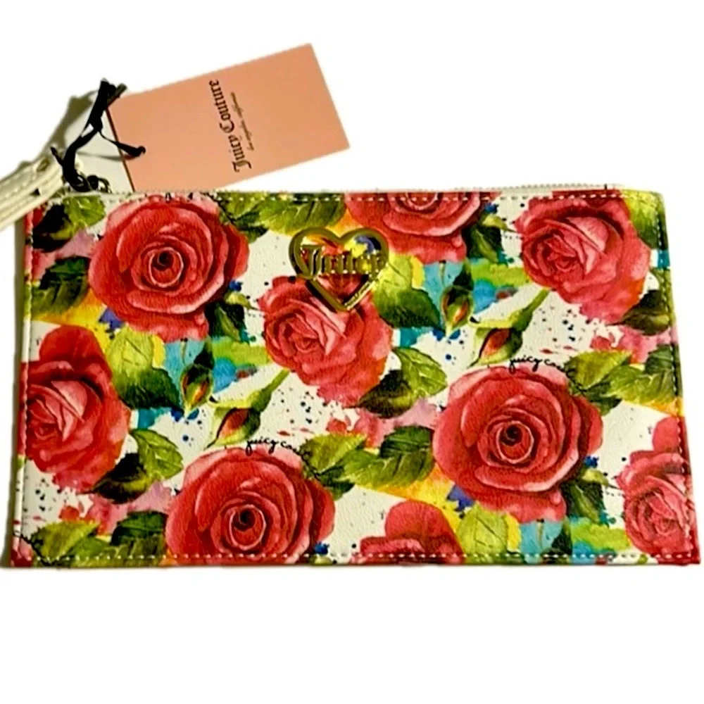 Juicy Couture A Little Piece of Heart‎ White Multi Rose Clutch Wallet Wristlet